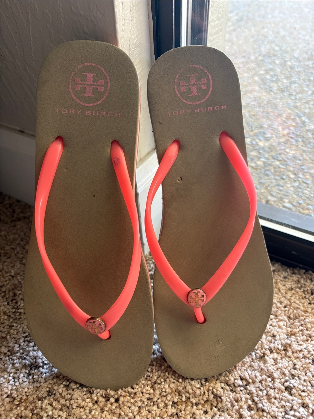 Tory Burch Coral Strap Flip Flops with Tan Footbed